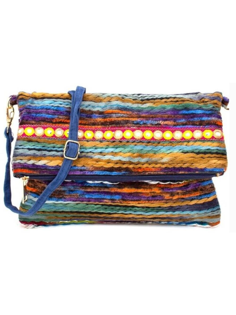 Multi Pattern Boho Texture Crossbody Bag Blue NEW